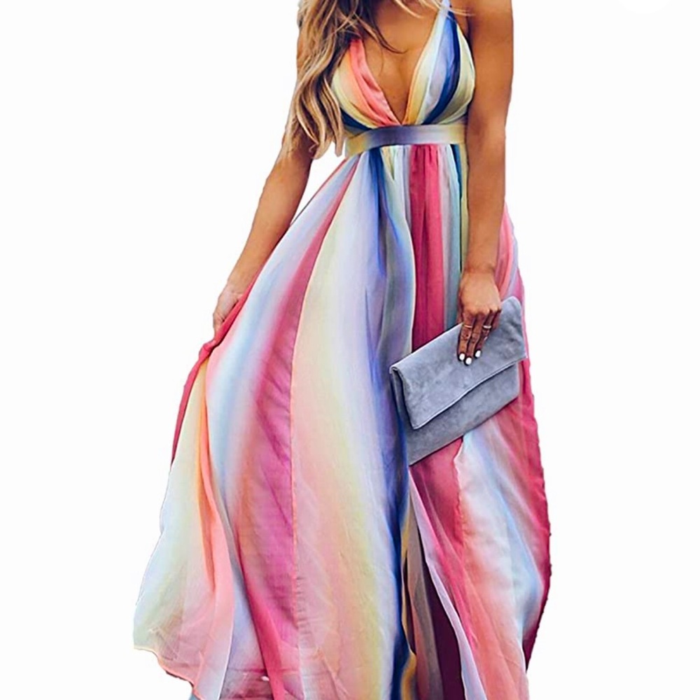 Women Deep V Neck Spaghetti Strap Long Maxi Dress